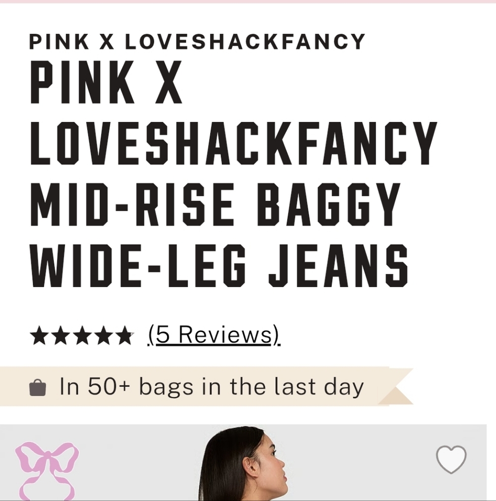 PINK X LOVESHACKFANCY MID RISE BAGGY WIDE-LEG JEANS Msrp $90 Size 12 New - Picture 4 of 6